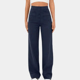 
A pair of high-waisted teal wide-leg palazzo pants in an XL size, suitable for versatile office wear, shown in a marine blue variant.