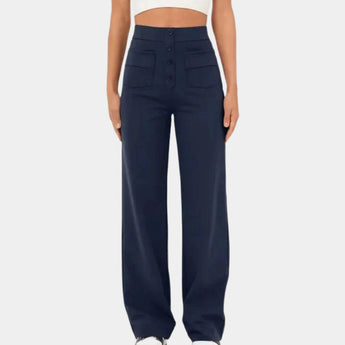 
A pair of high-waisted teal wide-leg palazzo pants in an XL size, suitable for versatile office wear, shown in a marine blue variant.