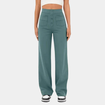 High-waisted teal wide-leg palazzo pants in stone green, size XL, suitable for versatile office wear, featuring a comfortable fit around the waist and flowing legs.