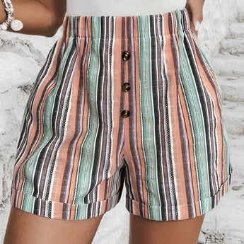 High waisted women's multicolor striped button front summer shorts in a fishing theme, size 2XL, showcasing vibrant stripes and comfortable fit for a stylish summer look.