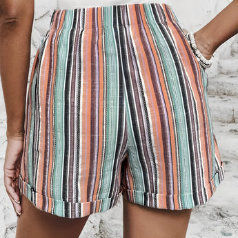 High waisted women's summer shorts with multicolor stripes and button front design.