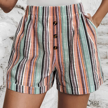 High waisted women's multicolor striped shorts with a button front design, suitable for summer fashion.