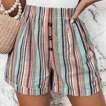 High waisted women's summer shorts with a multicolor striped pattern and button front design, showcasing the waist and thigh areas.