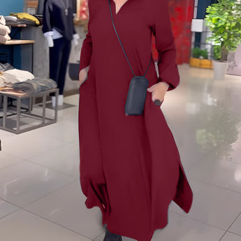 Burgundy red hooded maxi dress in a casual elegant style, designed for women, displayed in a 3XL size. The dress features long sleeves and a fitted waist, suitable for formal events.