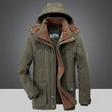 Olive green hooded winter jacket with textured fabric, featuring brown suede patches on the shoulders, designed in a 6XL size.