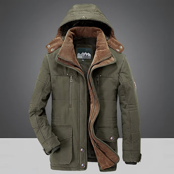 Olive green hooded winter jacket with textured fabric, featuring brown suede patches on the shoulders, designed in a 6XL size.