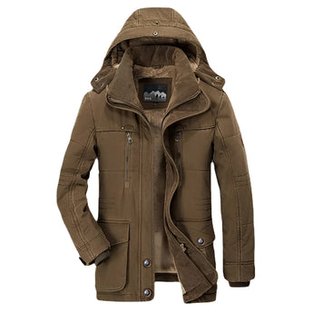 Brown hooded winter jacket in coffee color, featuring textured fabric and brown suede patches, shown in size 6XL. The jacket has long sleeves, a collar, and a mix of brown and beige tones.
