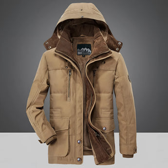 Khaki hooded winter jacket with textured fabric, featuring brown suede patches on the sleeves and collar, in size 6XL.