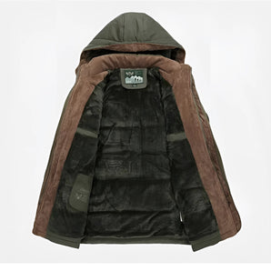 Brown hooded winter jacket featuring textured fabric, beige collar, and brown suede patches on the sleeves and pockets.