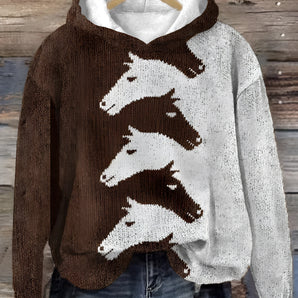 Cozy grey unisex hoodie with an equestrian-themed horse print design, featuring long sleeves and a comfortable collar, displayed on a clothes hanger.