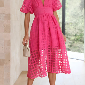 Hot pink midi dress with puff sleeves and a square neckline, suitable for a summer party. The dress is a one-piece garment in a pink red color, shown in size XL, highlighting its elegant design.