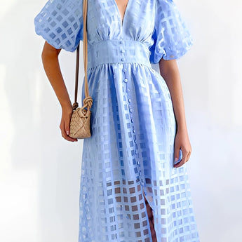 Blue Water XL Midi Dress with Puff Sleeves and Square Neckline for Summer Party