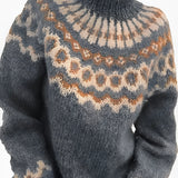 Icelandic hand-knit wool turtleneck sweater in grey with a Nordic pattern, featuring long sleeves and a cozy design.