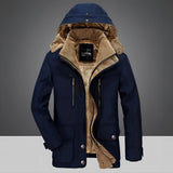 Marine blue insulated hooded winter jacket featuring brown suede patches, designed in a rugged style, with a collar, long sleeves, and sizeable fit in 6XL.