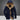 Marine blue insulated hooded winter jacket featuring brown suede patches, designed in a rugged style, with a collar, long sleeves, and sizeable fit in 6XL.