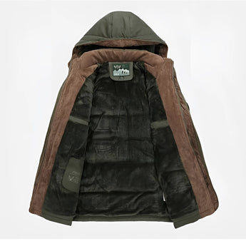 Insulated hooded winter jacket featuring brown suede patches on the sleeves and pockets, with a beige collar, showcasing rugged style and fashion design elements.