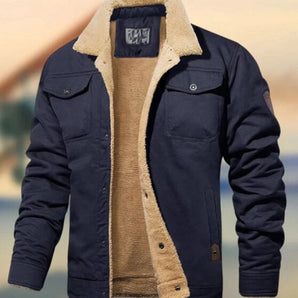 Insulated men's navy sherpa winter jacket in marine blue, size 4XL, featuring long sleeves, a collar, and designed for warmth and durability.