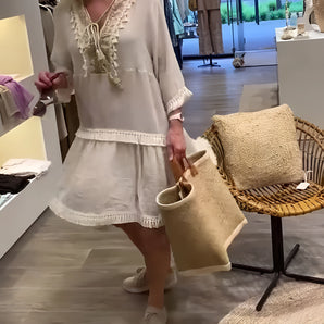 Ivory Boho Chic Lace Trim Tunic dress with short sleeves and a lightweight, flowy design, perfect for summer.