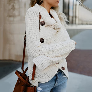 Ivory chunky knit sweater featuring a buttoned cowl neck, oversized fit with long sleeves, displayed in a beige color and size 3XL.