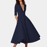 Marine blue elegant A-line midi dress with a formal boat neck and half sleeves, designed for a flattering fit.