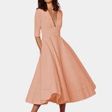 Ivory elegant A-line midi dress with a formal boat neck and half sleeves, shown in rose color, size XL.
