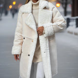 Ivory faux shearling winter coat with double-breasted design; features an oversized fit, grey color, and fur-like collar and cuffs.