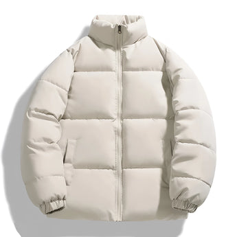 Ivory high collar men's winter down puffer jacket in light khaki, size 5XL, featuring insulated design with long sleeves and urban fashion elements.
