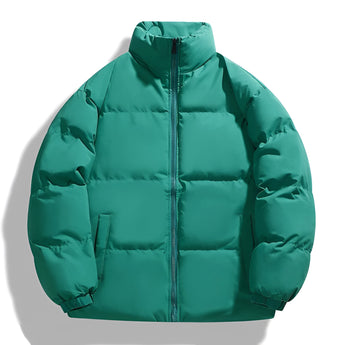 Ivory high collar men's winter down puffer jacket with insulated design and urban fashion, shown in green color and size 5XL, featuring a stylish and warm outerwear with sleeves and a high collar.