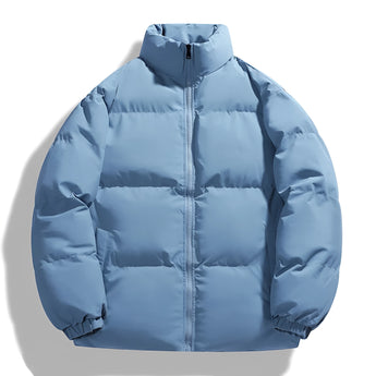 Ivory high collar men's winter down puffer jacket in light blue, size 5XL, with insulated design, featuring long sleeves and urban fashion style.