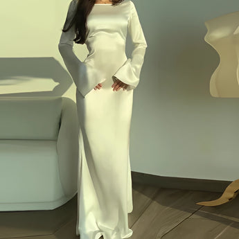 Ivory long sleeve satin gown with elegant shoulder design, fitted waist, and thigh-length skirt, suitable for formal evening or wedding, shown in white and size 3XL.