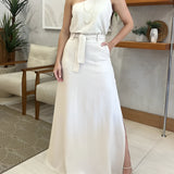 Ivory one-shoulder midi dress in apricot color, size L, featuring a stylish slit, ideal for summer and formal occasions.