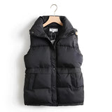 Ivory quilted sleeveless lightweight puffer vest with a high collar, designed for winter fashion, shown in black color and size XL.