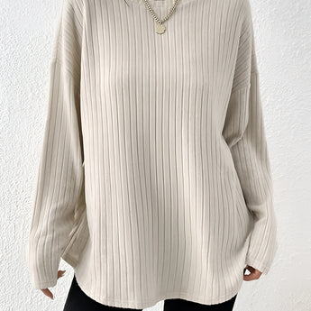 Ivory ribbed crew neck women's sweater in beige, featuring long sleeves and a casual chic design suitable for fall fashion, displayed in size 2XL.