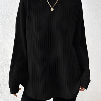 Ivory ribbed crew neck women's sweater in a casual chic fall fashion style, featuring long sleeves and a comfortable fit, shown in Nero color and 2XL size.