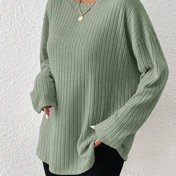 Ivory ribbed crew neck women's sweater with long sleeves, showcasing a casual chic fall fashion style.