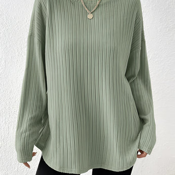 Ivory ribbed crew neck women's sweater in green, size 2XL, showcasing a chic and casual fall fashion style with a focus on the neckline and shoulder details.
