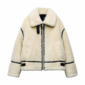 Ivory Sherpa women's fleece jacket with a trendy zip, shown in beige, large size, featuring a cozy collar and long sleeves, perfect for winter.