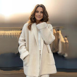 Ivory Women's Chunky Knit Cardigan worn by a smiling woman, showcasing the cozy winter sweater in a 3XL size. The cardigan is styled over a dress shirt, emphasizing the outerwear's chunky knit texture and relaxed fit.