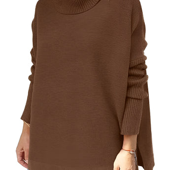 Ivory women's oversized cozy turtleneck sweater in brown, displayed on a mannequin, highlighting the long sleeves and loose fit ideal for casual winter wear.