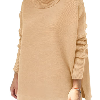 Ivory women's oversized cozy turtleneck sweater in khaki, featuring long sleeves and a relaxed fit suitable for casual winter wear.
