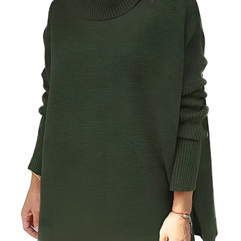 
A green oversized cozy turtleneck sweater designed for women, featuring long sleeves and a casual knit style perfect for winter wear.