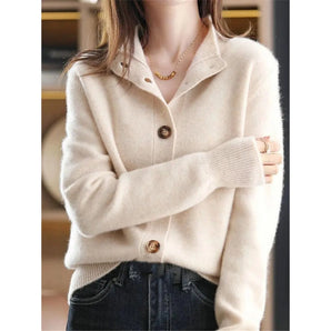 Ivory women's wool cardigan in beige, size 3XL, featuring a button-up front, long sleeves, and a chic collar, styled for winter wear.