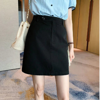 Khaki A-Line Button-Front Mini Skirt in Black, shown in XL size, styled with a white dress shirt.