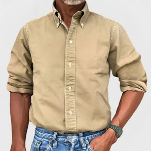 Khaki men's cotton long sleeve button-up casual shirt in beige color, size 3XL, displayed on a mannequin with detailed focus on the shirt's shoulder, neck, and sleeve design.