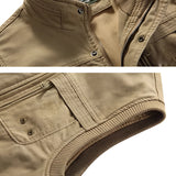 Khaki slim fit cargo pants featuring multiple pockets, suitable for outdoor activities.