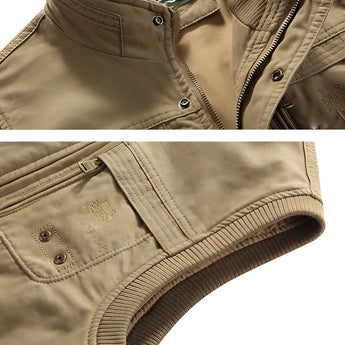 Khaki slim fit cargo pants featuring multiple pockets, suitable for outdoor activities.