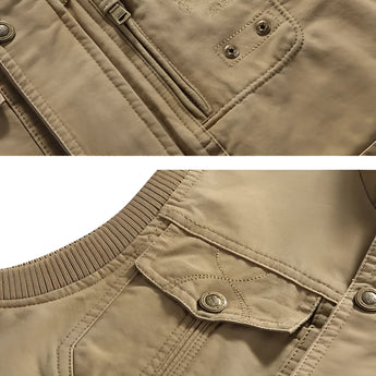 Khaki slim fit cargo pants with multiple pockets, shown in a well-lit environment.