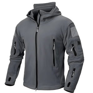 Men's tactical gray high-collared fleece jacket with multiple pockets, featuring long sleeves and a stylish design suitable for outdoor activities.