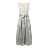 A grey vintage square neck dirndl dress with lace sleeves, featuring a fitted waist and elegant collar, ideal for spring 2024 fashion.