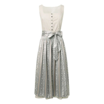 A grey vintage square neck dirndl dress with lace sleeves, featuring a fitted waist and elegant collar, ideal for spring 2024 fashion.